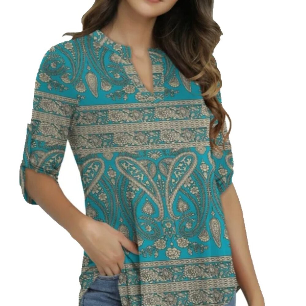 Traleubie Turquoise Paisley Zip Tunic Top whimsigoth Swing Blouse L